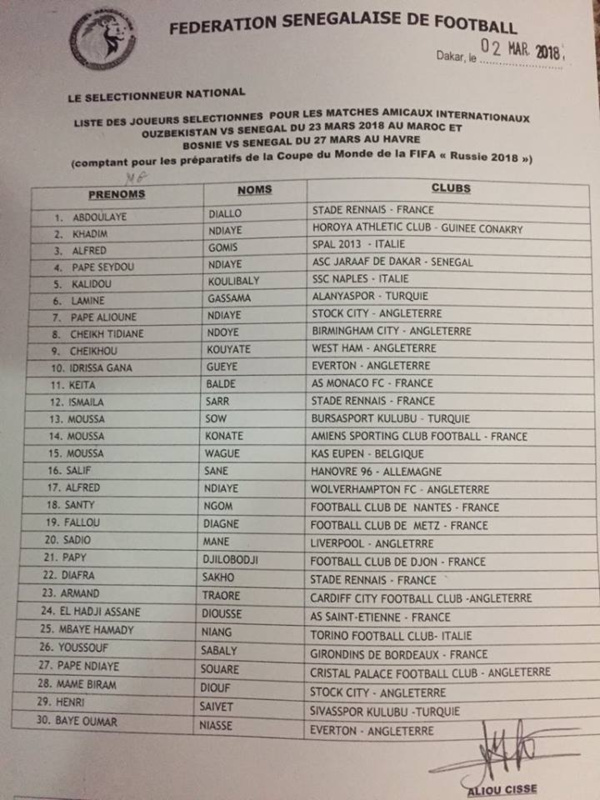 Liste des retenus pour les amicaux des 23 et 27 mars : retour de Djilobodji, d’Armand Traoré et Souaré, arrivée de Santy Ngom Liste des retenus pour les amicaux des 23 et 27 mars : retour de Djilobodji, d’Armand Traoré et Souaré, arrivée de Santy Ngom