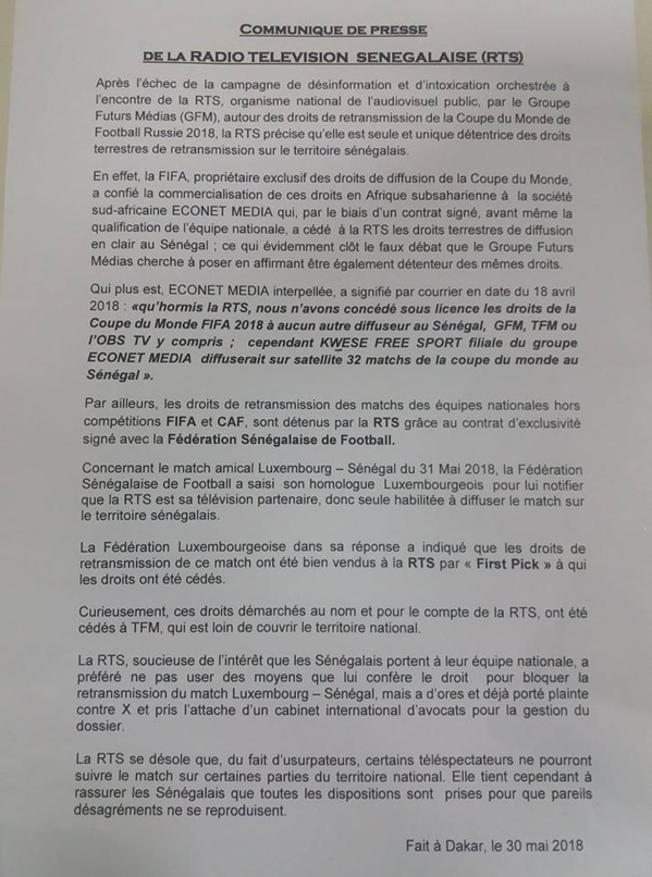 La RTS précise qu'elle est seule et unique détentrice des droits de retransmission terrestre du mondial au Sénégal La RTS précise qu'elle est seule et unique détentrice des droits de retransmission terrestre du mondial au Sénégal