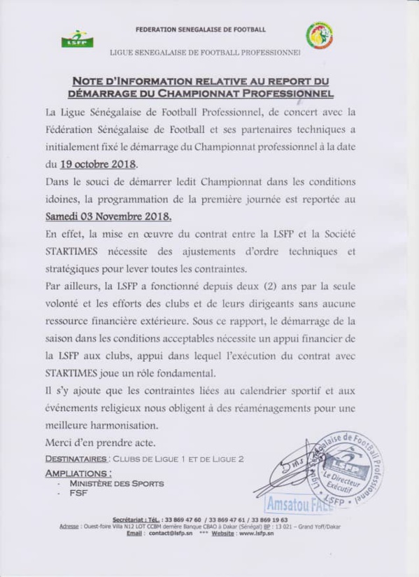 LSFP : Démarrage reporté au 3 novembre 