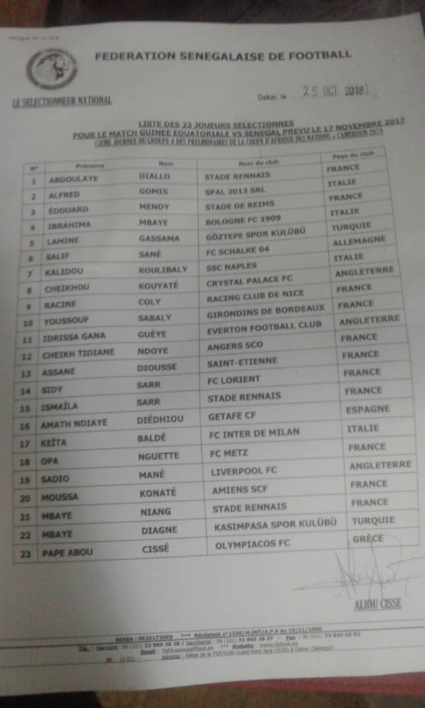 Voici la liste des 23 joueurs contre Guinée Equatoriale (17 novembre) Voici la liste des 23 joueurs contre Guinée Equatoriale (17 novembre)