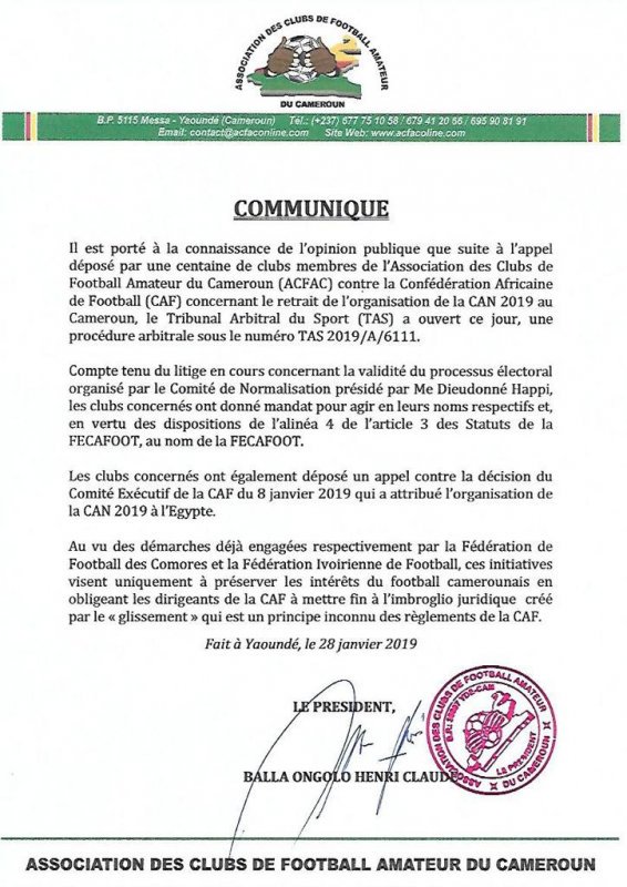 Retrait CAN 2019 au Cameroun : le tribunal arbitral des sports (TAS) ouvre une enquête ! Retrait CAN 2019 au Cameroun : le tribunal arbitral des sports (TAS) ouvre une enquête !