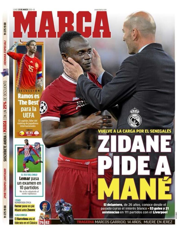 Sadio Mané fait la UNE du quotidien MARCA de ce lundi Sadio Mané fait la UNE du quotidien MARCA de ce lundi