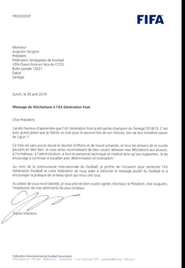 Génération Foot : Infantino félicite Mady Toure Génération Foot : Infantino félicite Mady Toure