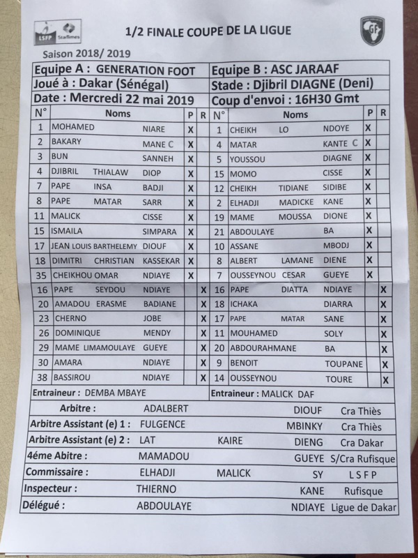 Demi-finale Coupe de la Ligue : voici les onze de départ de Génération Foot et Jaraaf Demi-finale Coupe de la Ligue : voici les onze de départ de Génération Foot et Jaraaf