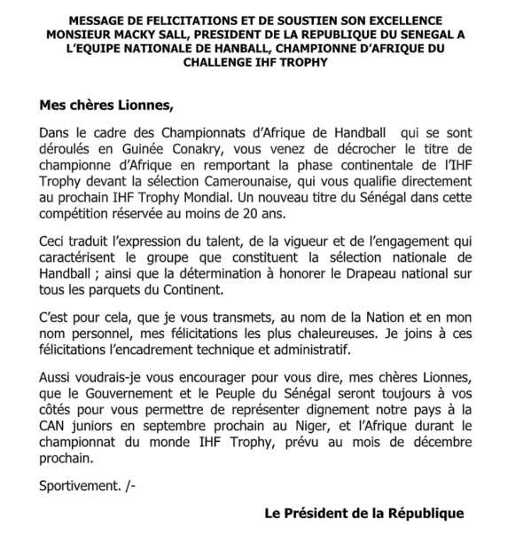 Handball/Championne de l'IHF Trophy : Le chef de l'Etat félicite les Lionnes Handball/Championne de l'IHF Trophy : Le chef de l'Etat félicite les Lionnes