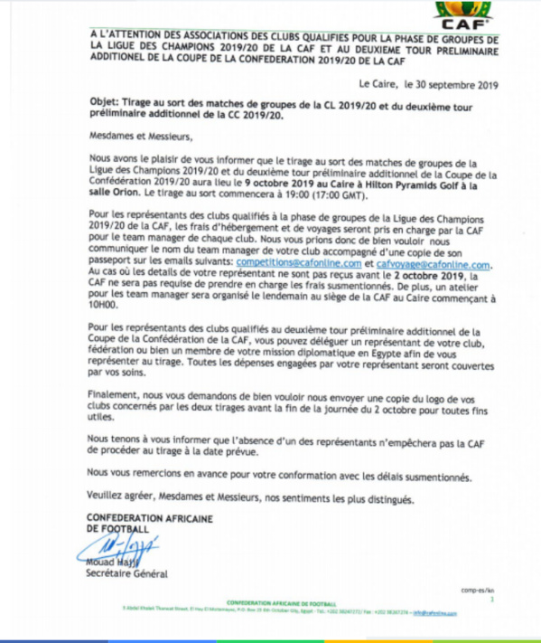 Tirage phase de LDC: la CAF adresse une invitation à Génération Foot Tirage phase de LDC: la CAF adresse une invitation à Génération Foot