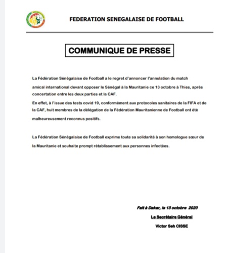 Sénégal Mauritanie: Annulation du match après des cas de Covid-19 chez les Mourabitounes Sénégal Mauritanie: Annulation du match après des cas de Covid-19 chez les Mourabitounes