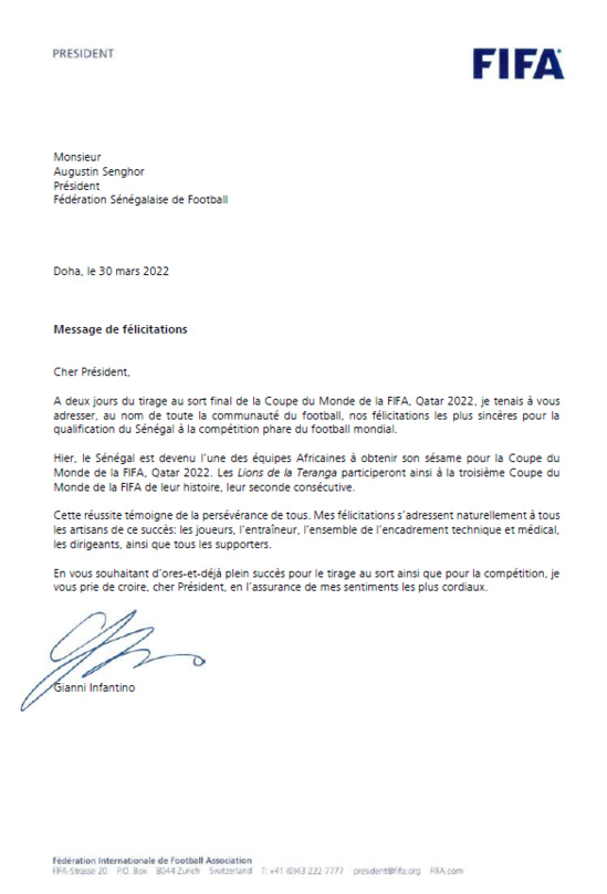 Coupe du monde QATAR 2022 : Infantino félicite le Sénégal Coupe du monde QATAR 2022 : Infantino félicite le Sénégal