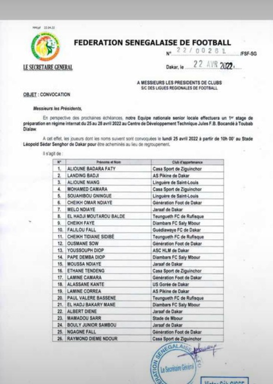 Equipe nationale local : Pape Thiaw une liste de 26 joueurs Equipe nationale local : Pape Thiaw une liste de 26 joueurs