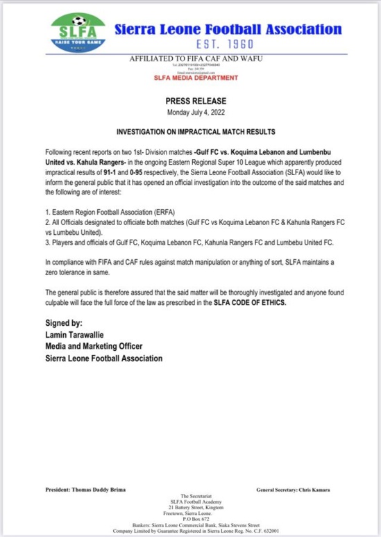 FOOTBALL : 91-1 ET 95-0, GROSSE POLÉMIQUE AUTOUR DE DEUX VICTOIRES INSENSÉES EN SIERRA LEONE FOOTBALL : 91-1 ET 95-0, GROSSE POLÉMIQUE AUTOUR DE DEUX VICTOIRES INSENSÉES EN SIERRA LEONE