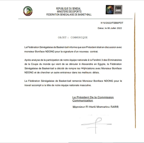 Basket : Boniface Ndong perd son poste de coach du Sénégal Basket : Boniface Ndong perd son poste de coach du Sénégal