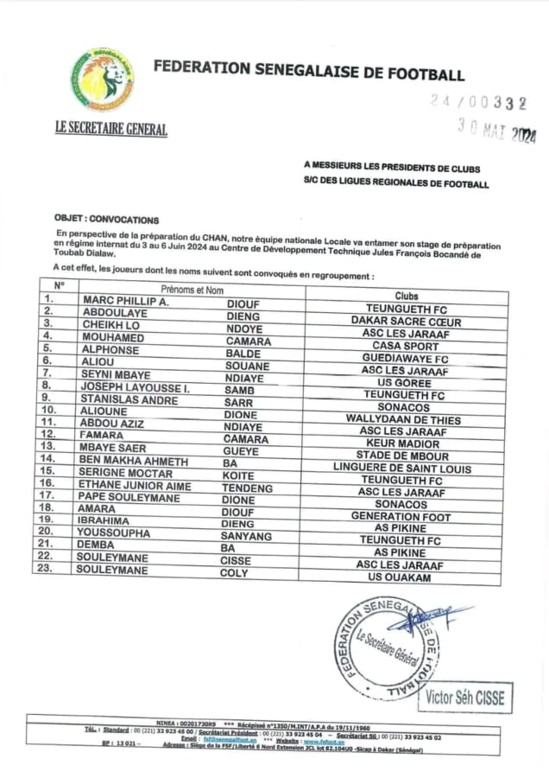 Chan 2024 : première liste de Souleymane Diallo, 23 joueurs convoqués Chan 2024 : première liste de Souleymane Diallo, 23 joueurs convoqués