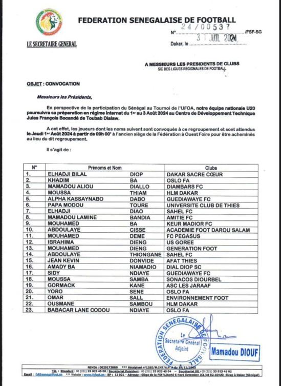 Tournoi UFOA (U20) : Serigne Saliou Dia convoque 23 nouveaux joueurs en stage Tournoi UFOA (U20) : Serigne Saliou Dia convoque 23 nouveaux joueurs en stage