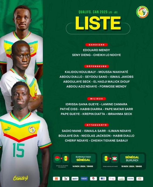 CAN 2025 (Q) : Pape Thiaw publie sa liste, Krépin de retour, Mory zappé, Sabaly récompensé, la surprise Ibrahima Seck CAN 2025 (Q) : Pape Thiaw publie sa liste, Krépin de retour, Mory zappé, Sabaly récompensé, la surprise Ibrahima Seck