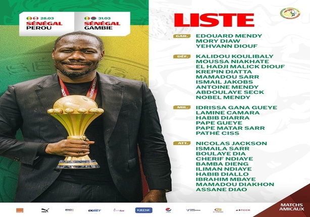 Matchs amicaux : liste Pape Thiaw, Sadio Mané absent, Nobel Mendy et Mamadou Diakhon convoqués, retour de Bamba Dieng, Malang Sarr absent de la liste Matchs amicaux : liste Pape Thiaw, Sadio Mané absent, Nobel Mendy et Mamadou Diakhon convoqués, retour de Bamba Dieng, Malang Sarr absent de la liste