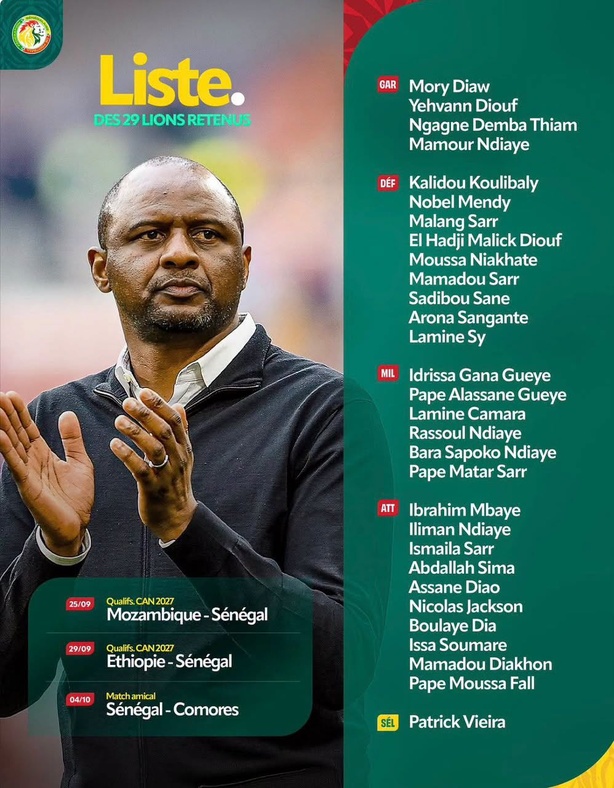 Liste Patrick Vieira : 29 joueurs appelés, Sadio Mané asbent, Malang Sarr et Lamine Sy appelés