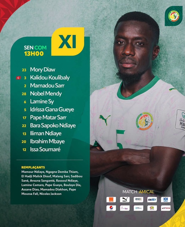 Sénégal-Comores : onze officiel de Vieira, Mory,  Koulibaly et Iliman Ndiaye titulaires