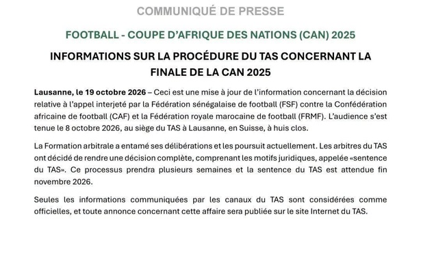 Vainqueur de la CAN 2025 : le verdict du TAS attendu fin novembre