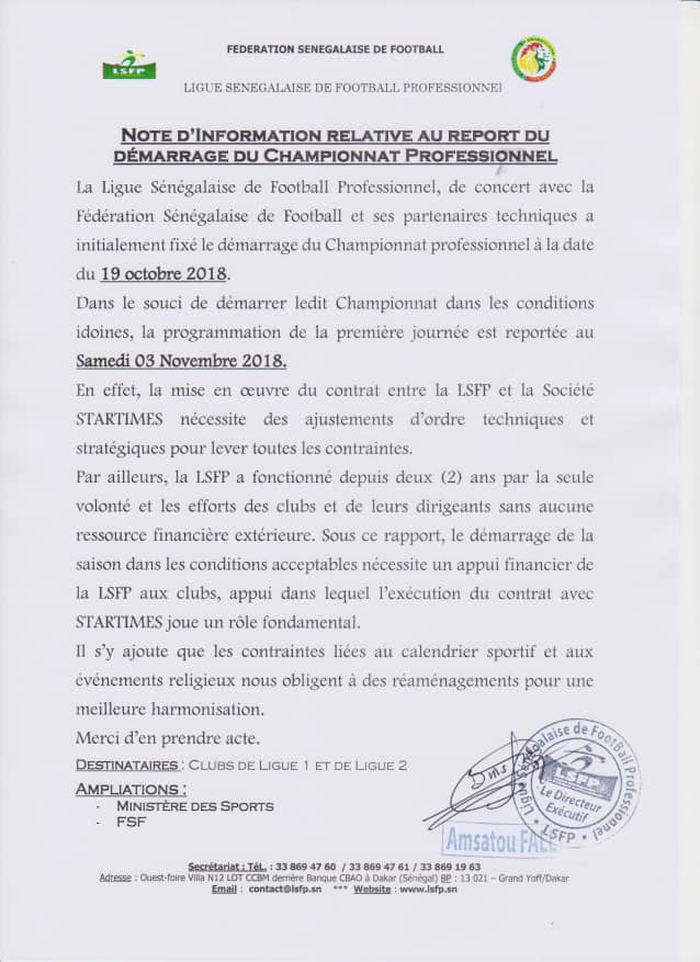LSFP : Démarrage reporté au 3 novembre 