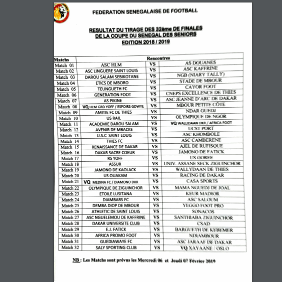 Coupe du Sénégal édition 2019 : Voici le tirage
