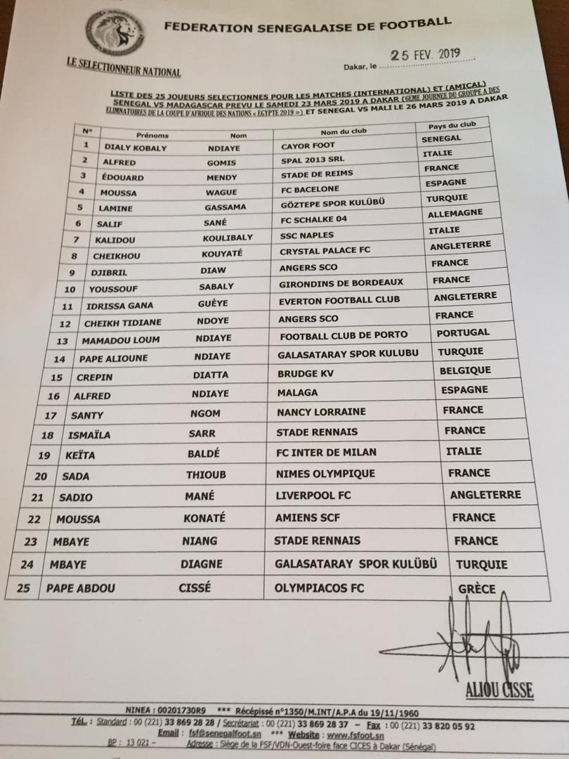 Equipe nationale : Aliou Cissé publie une liste de 25 joueurs pour le match face à Madagascar 