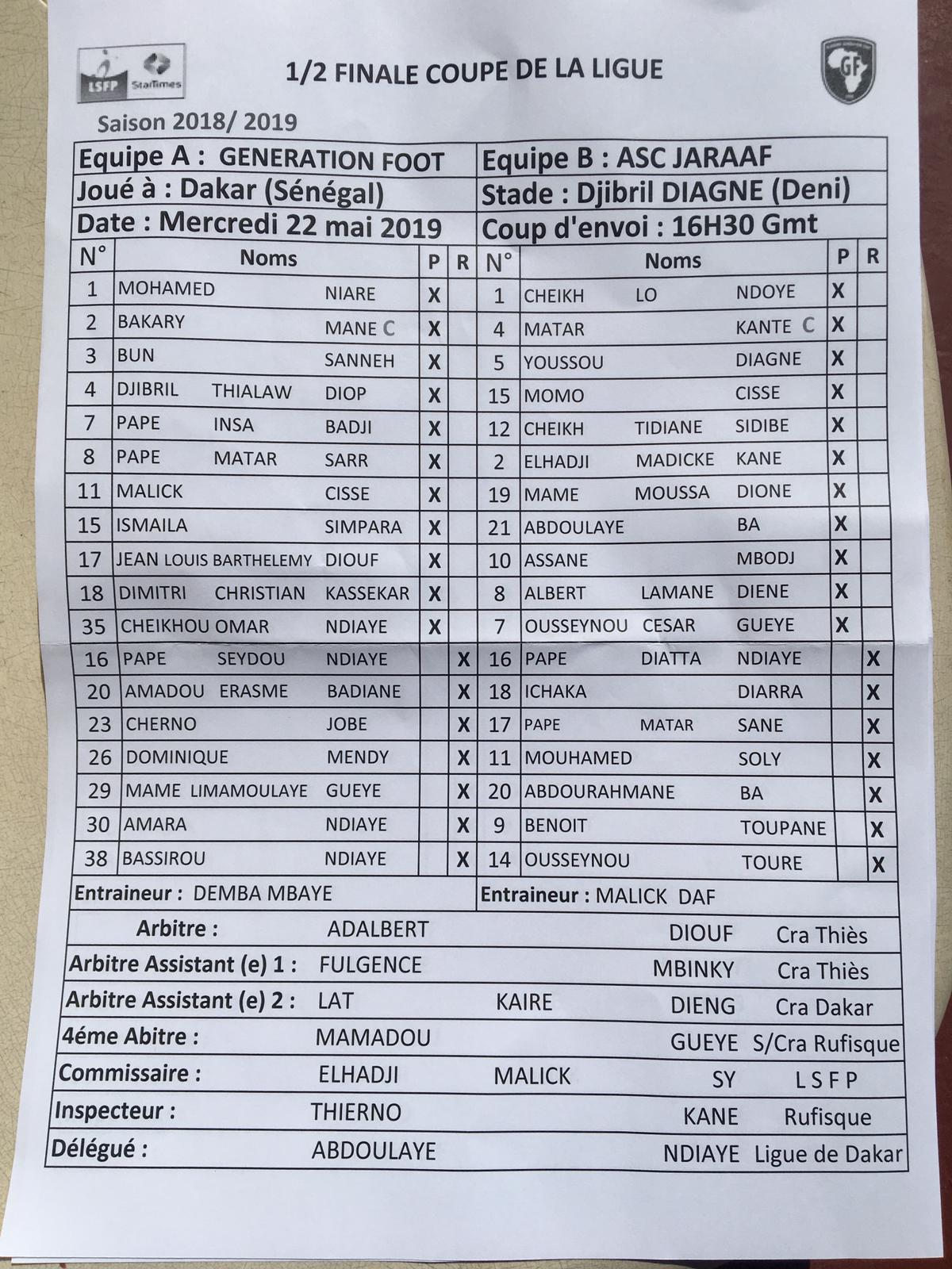 Demi-finale Coupe de la Ligue : voici les onze de départ de Génération Foot et Jaraaf