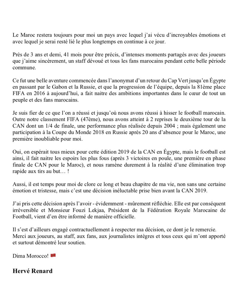 CAN 2019 : Hervé Renard présente sa démission