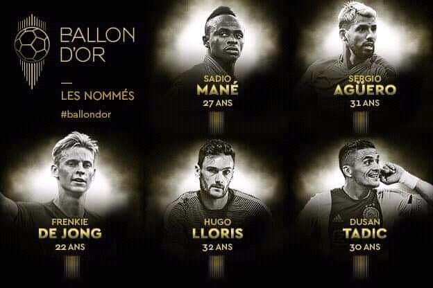 BALLON D'OR FF 2019Sadio Mané, Sergio Agüero, Frenkie de Jong, Hugo Lloris et Dusan Tadic nommés pour le Ballon d'Or France Football 2019