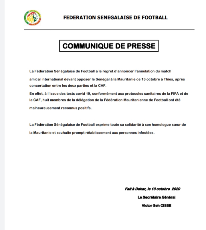 Sénégal Mauritanie: Annulation du match après des cas de Covid-19 chez les Mourabitounes