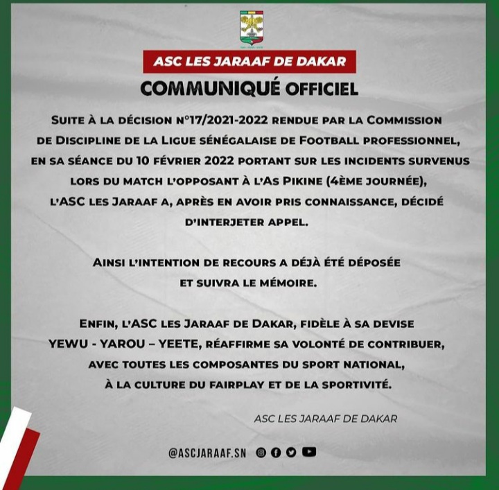 Ligue1 : Sanctionné suite aux incidents contre l’As Pikine, le Jaraaf interjette appel