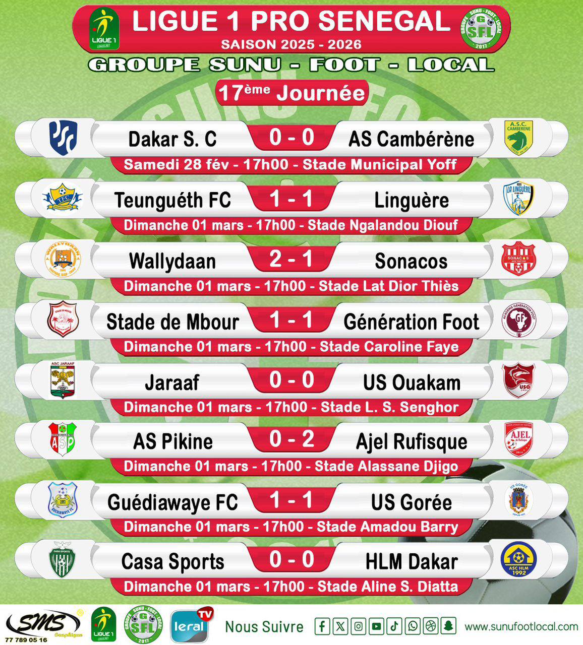 Ligue 1 : Jaraaf-USO se partagent les points, les résultats et classement