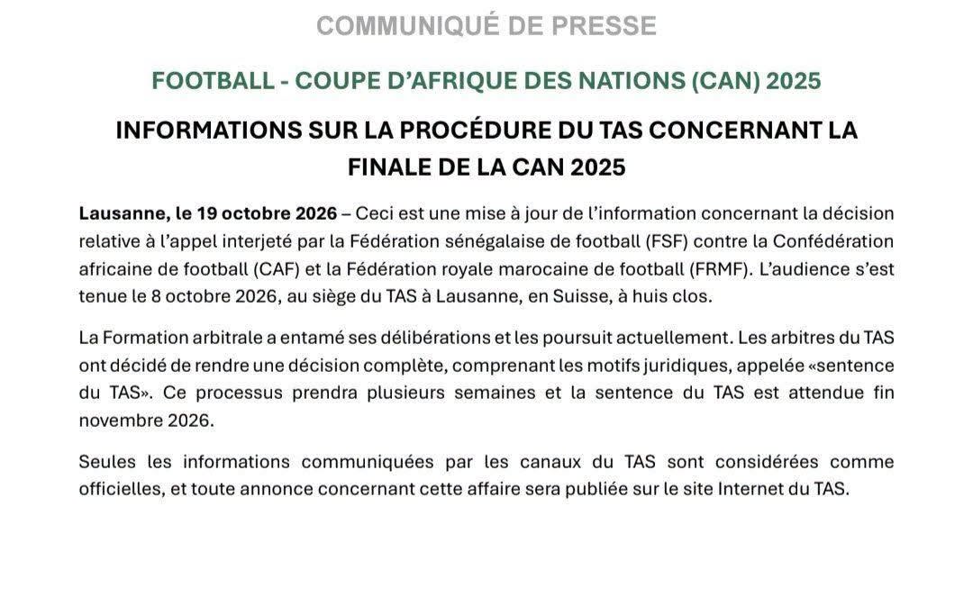 Vainqueur de la CAN 2025 : le verdict du TAS attendu fin novembre