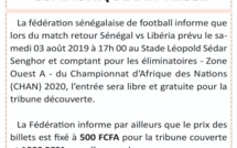CHAN 2020/Sénégal-Libéria (LSS) retour : Entrée libre pour la tribune découverte